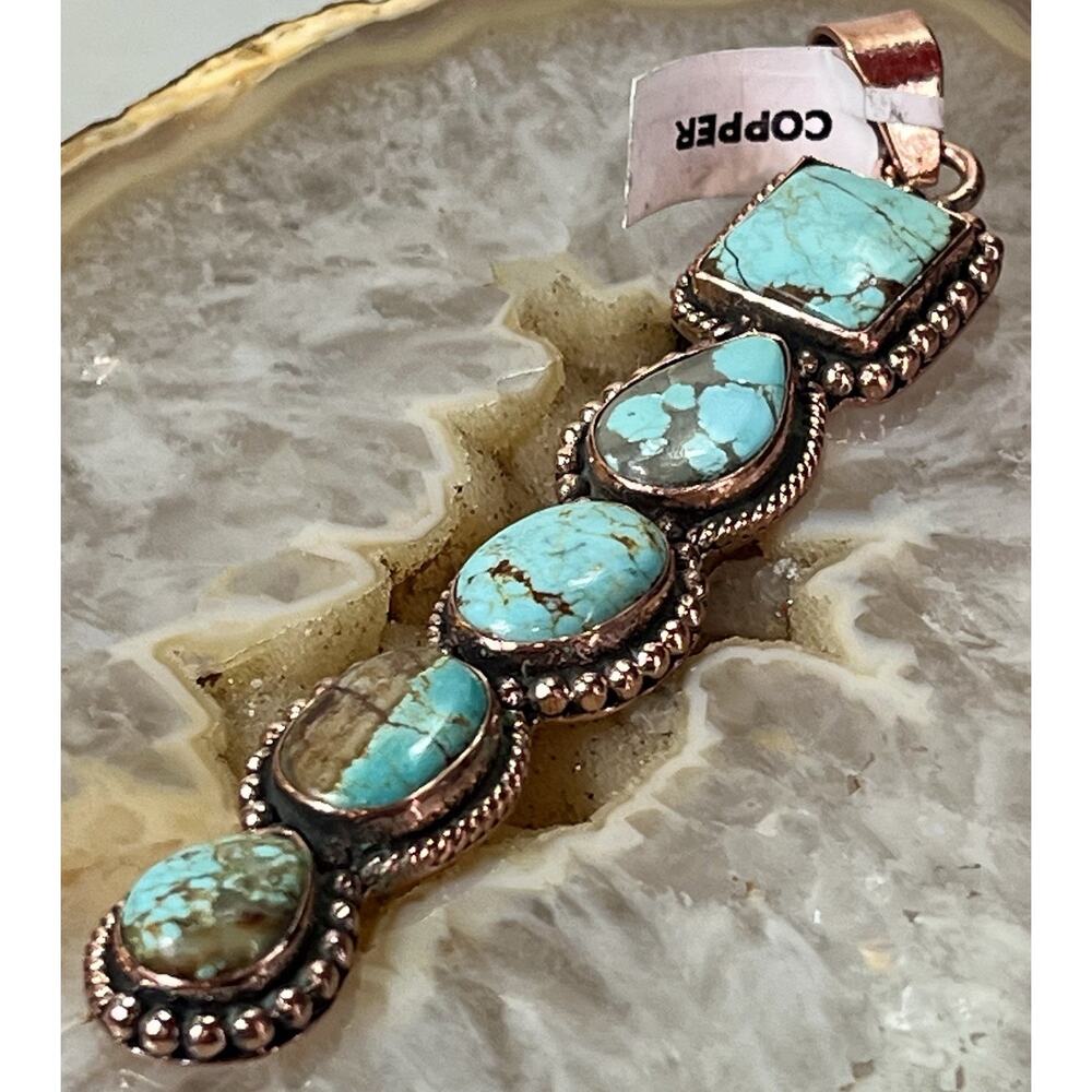 Southwestern No. 8 Mine Turquoise Five Stone Copper Statement Pendant 3.5” - Picture 2 of 16